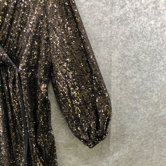 The Drop Helena Sequin Wrap Dress Womens 2X Gold Black Long Sleeve Mini V-Neck - Picture 5 of 13